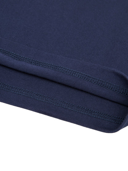 Close-up of a navy blue Tshirt with stitching detail on a white background