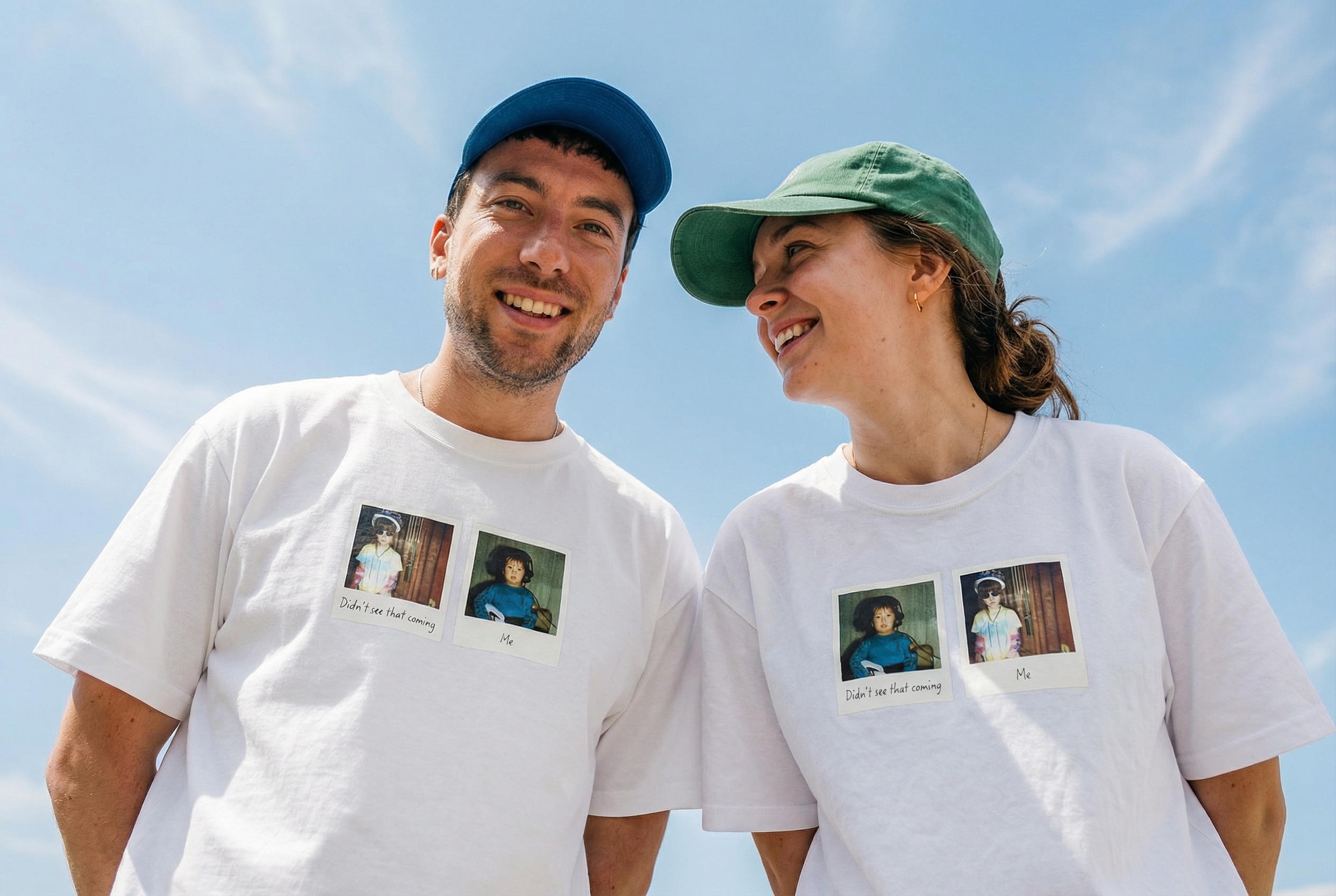 Custom photo t-shirts, personalized gift idea, couple wearing matching memory tees